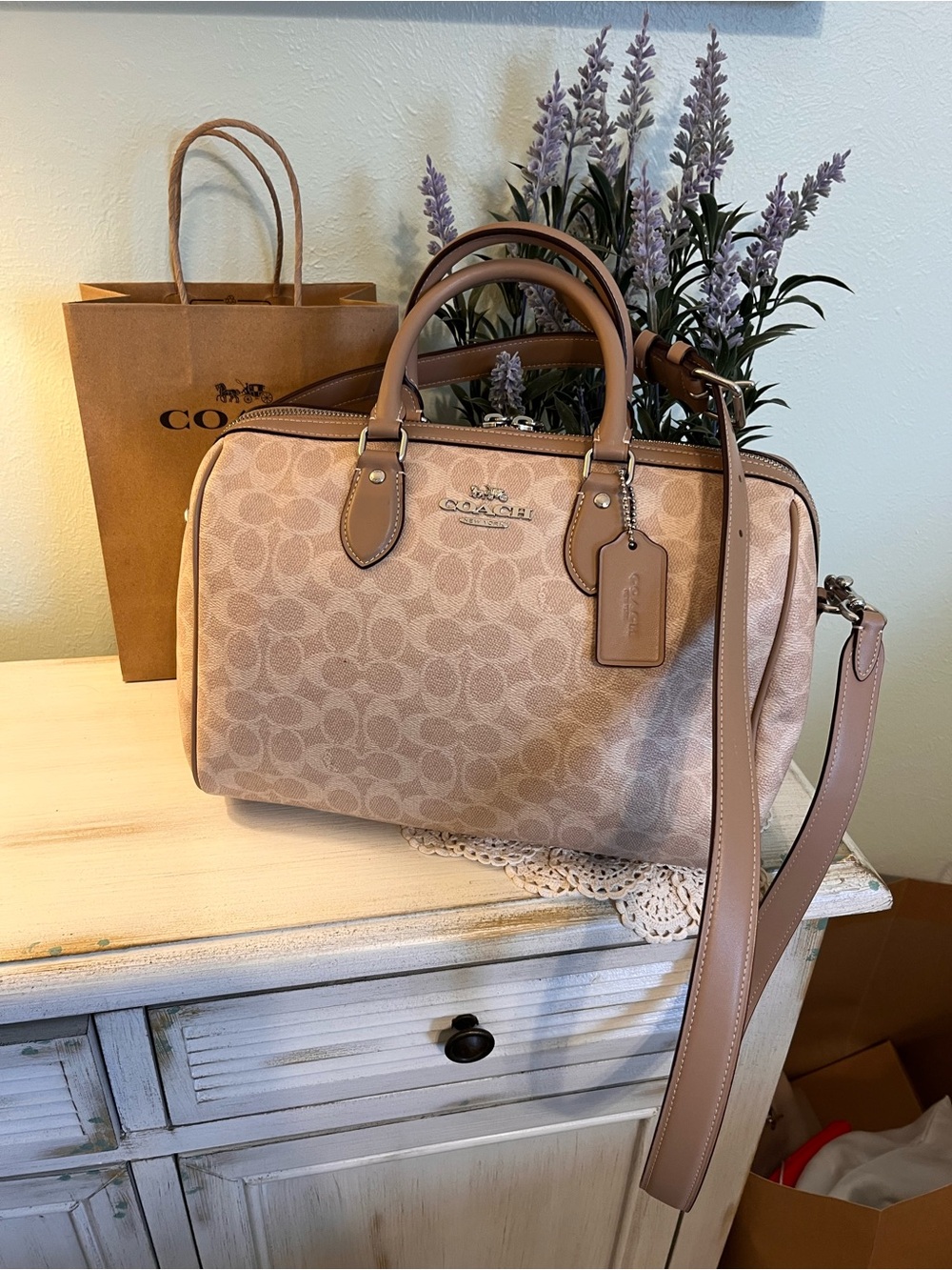 COACH Rowan Large Satchel Bag Signature Coated Canvas Sand/Taupe Excellent Cond